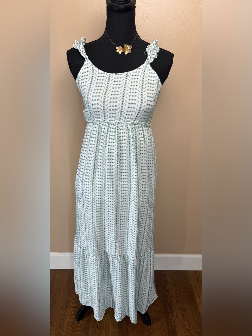 Jessica Simpson Sage Mint Green Embroidered Tie Strap Tiered Maxi Dress Size M⁠
